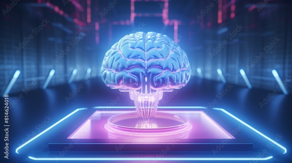 Poster generative ai visualization of an ai brain as a three-dimensional holographic projection, showcasing