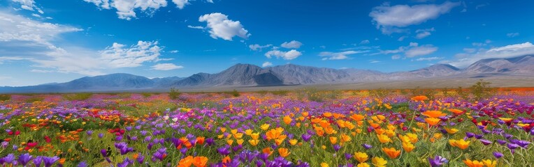 A vibrant field filled with colorful flowers stretching towards majestic mountains in the background. The scene captures the beauty of nature in full bloom during a sunny day.