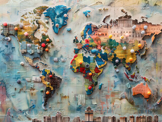 A colorful world map with many pins on it
