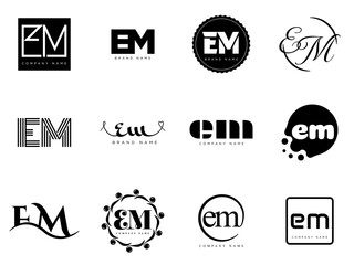 EM logo company template. Letter e and m logotype. Set different classic serif lettering and modern bold text with design elements. Initial font typography.
