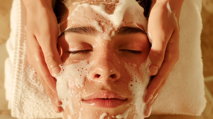 Naklejka premium Facial Treatment with Foaming Cleanser and Relaxing Massage Therapy