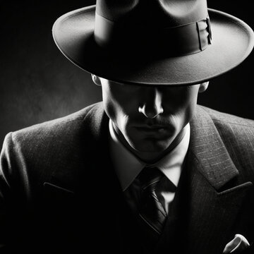 Mysterious Gangster Wearing Fedora Hat and Suit in Dim Light