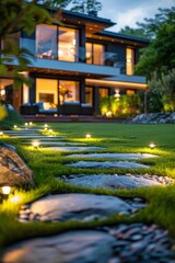 Obraz premium A house with a large yard and a stone walkway leading to it