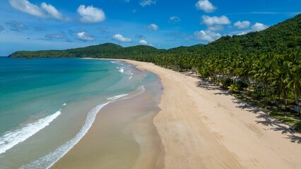 the view of an empty beach next to the ocean with palm trees in the fore
