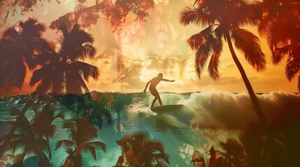 Serene Surfing Double Exposure at Tropical Palm Beach