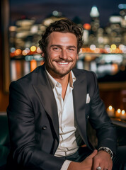 Obraz premium A candid photo of a black suit man, showing big smile,