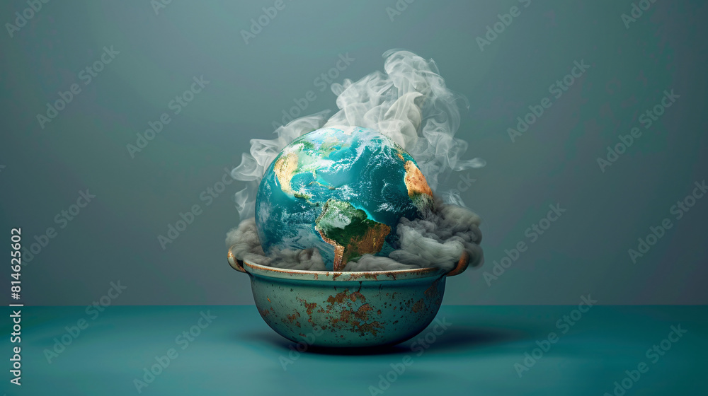 Poster a boiling pot containing a melting globe is set against a minimalist color background, creating an u