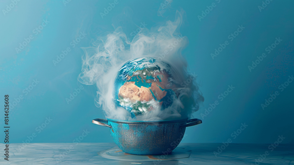 Poster a boiling pot containing a melting globe is set against a minimalist color background, creating an u