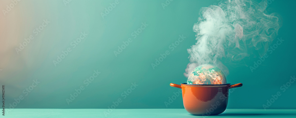 Poster a boiling pot containing a melting globe is set against a minimalist color background, creating an u
