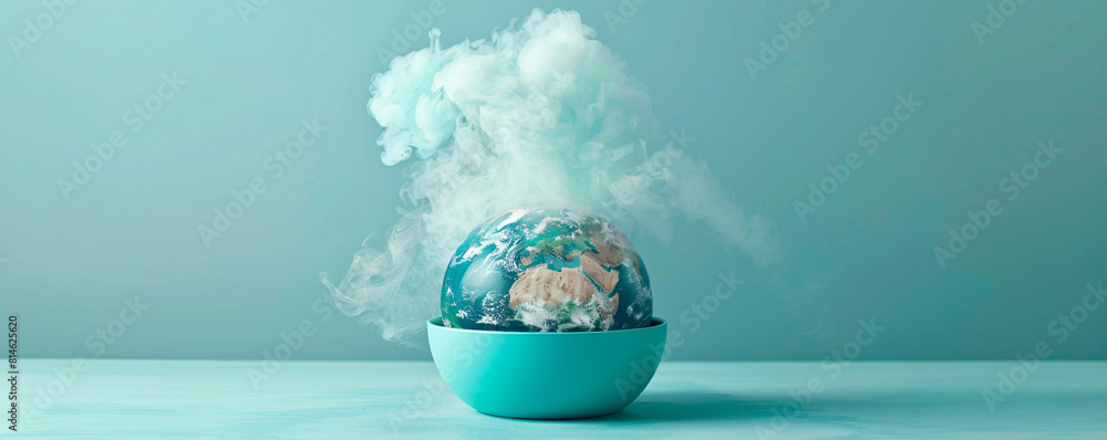 Poster a boiling pot containing a melting globe is set against a minimalist color background, creating an u