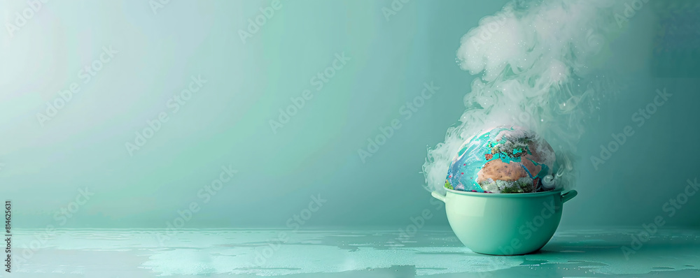 Poster a boiling pot containing a melting globe is set against a minimalist color background, creating an u