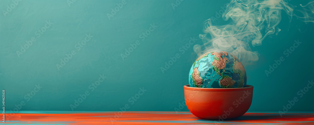 Poster a boiling pot containing a melting globe is set against a minimalist color background, creating an u