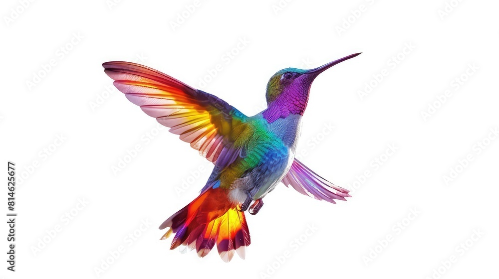 Poster an engaging photo featuring the bright and iridescent plumage of a flying hummingbird against a pure