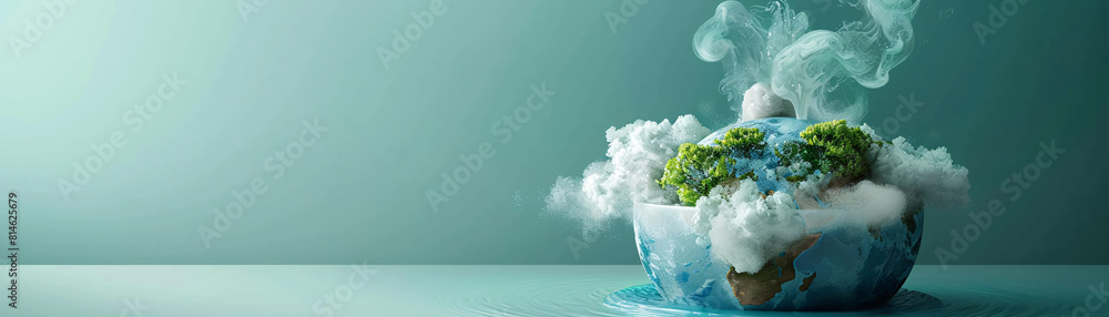 Poster a boiling pot containing a melting globe is set against a minimalist color background, creating an u