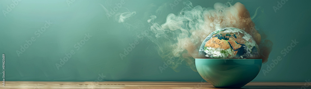 Poster a boiling pot containing a melting globe is set against a minimalist color background, creating an u