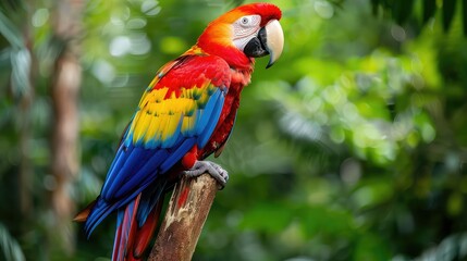 A striking photo capturing the vibrant plumage and regal profile of a scarlet macaw perched on a branch against a lush tropical backdrop, showcasing the exotic beauty of this majestic bird.