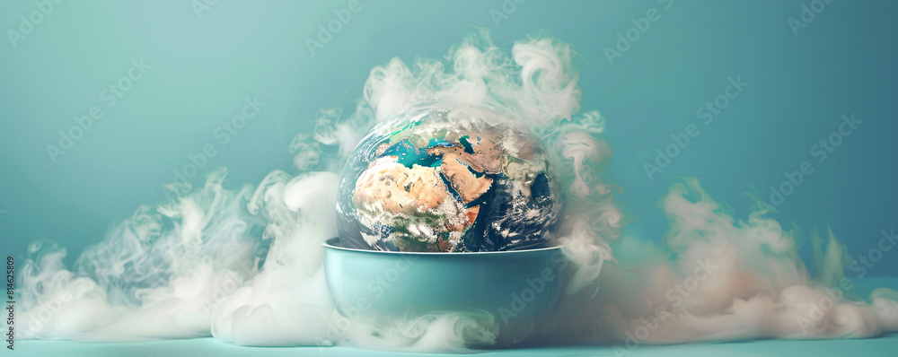 Poster a boiling pot containing a melting globe is set against a minimalist color background, creating an u