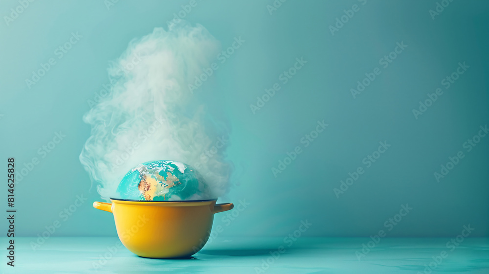 Poster a boiling pot containing a melting globe is set against a minimalist color background, creating an u