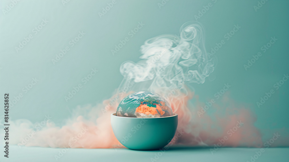 Poster a boiling pot containing a melting globe is set against a minimalist color background, creating an u