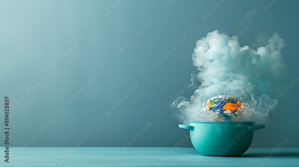 Poster a boiling pot containing a melting globe is set against a minimalist color background, creating an u