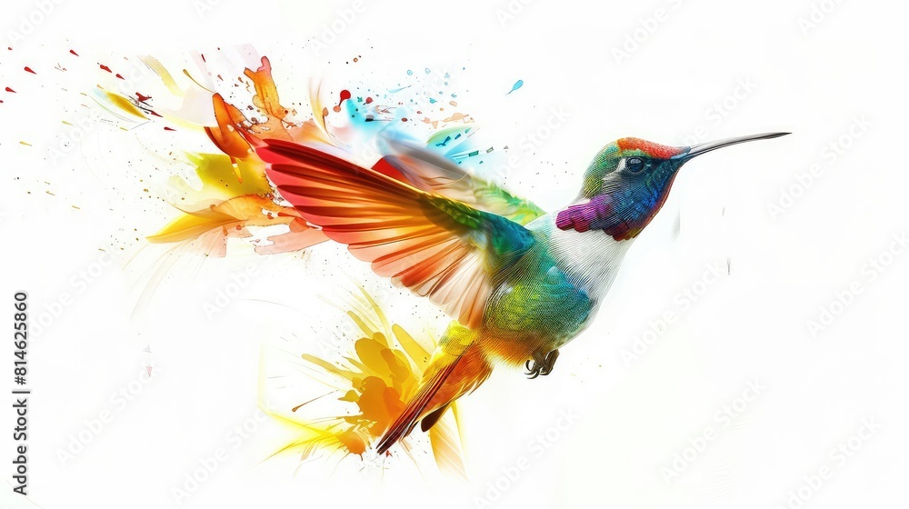 Poster a dynamic photo featuring the iridescent feathers and rapid flight of a hummingbird against a bright