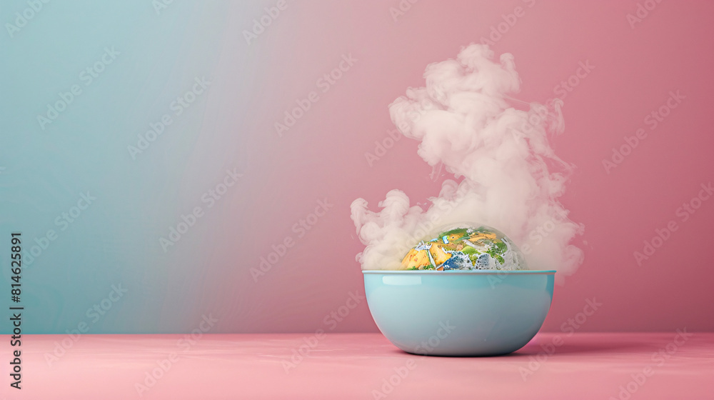 Poster a boiling pot containing a melting globe is set against a minimalist color background, creating an u