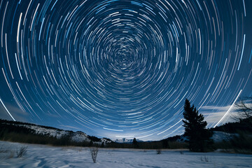 Captivating star trails and shooting star above snowy landscape with forest and mountains
