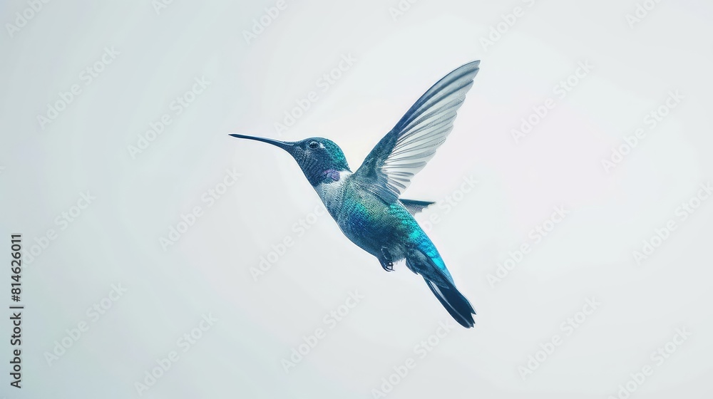Poster an engaging image showcasing the delicate and colorful plumage of a flying hummingbird against a pri