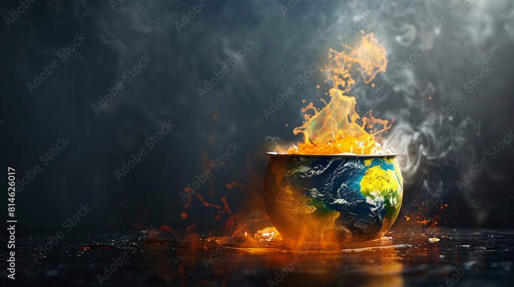 Poster against a minimalist color backdrop, an unreal scene depicts a pot boiling with the earth melting in