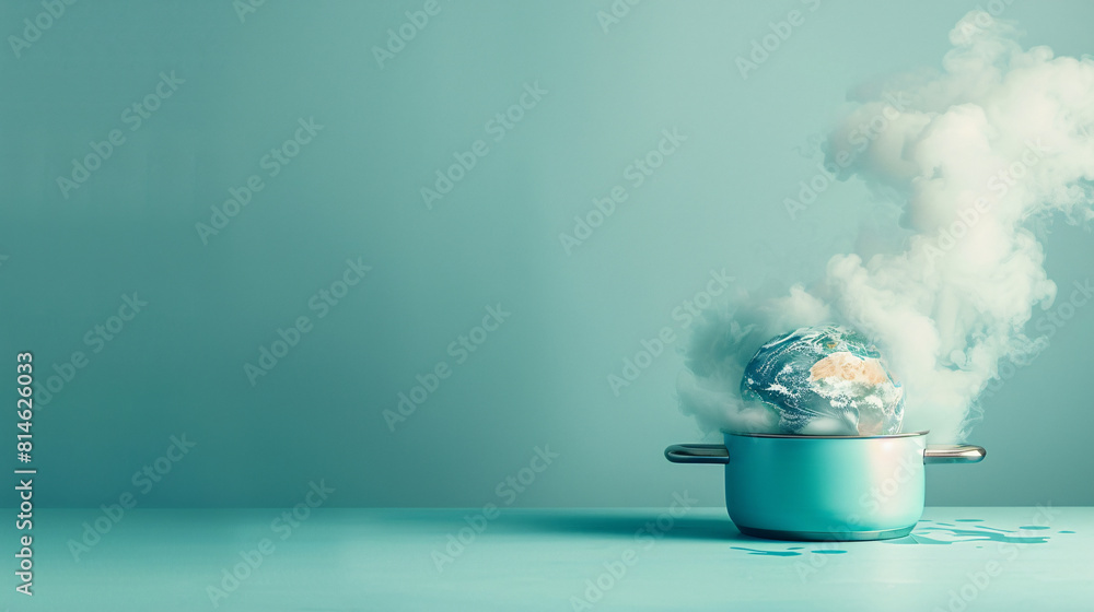 Poster against a minimalist color backdrop, an unreal scene depicts a pot boiling with the earth melting in