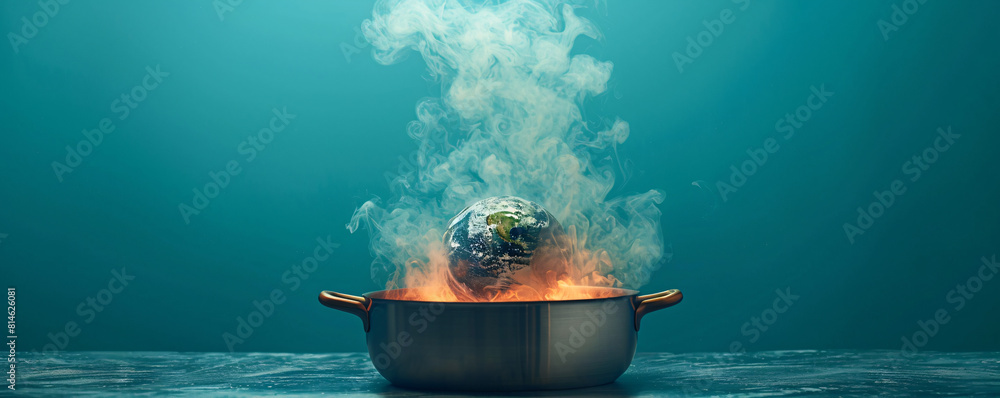 Poster against a minimalist color backdrop, an unreal scene depicts a pot boiling with the earth melting in