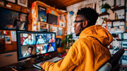 Obraz premium A young professional participating in an online video conference with colleagues from a vibrant home office setting.