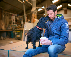 Carpenter Working In Woodwork Workshop With Pet Dog Looking At Mobile Phone On Coffee Break