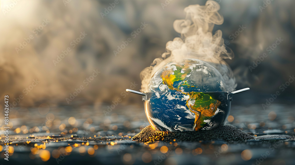 Poster on a simple, minimalist background, a pot is shown boiling with the earth melting inside, presenting