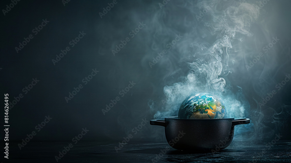 Poster on a simple, minimalist background, a pot is shown boiling with the earth melting inside, presenting