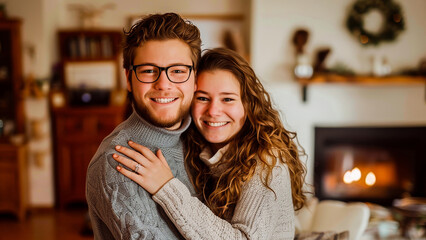 Fototapeta premium A happy young couple in cozy sweaters embracing at a warm, inviting home with a fireplace in the background.