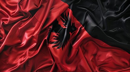 bold red and black flag gracefully flutters in the wind, featuring a striking black eagle as its centerpiece.