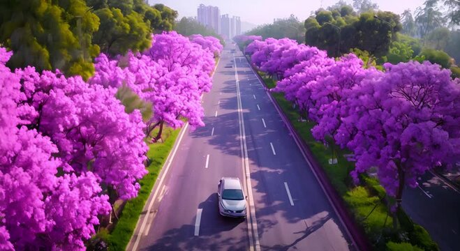 jacaranda trees burst into full bloom, lining the road with a mesmerizing sea of purple flowers while a car drives through this natural wonder, capturing the refreshing and invigorating scenery 