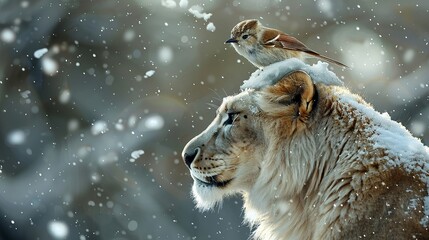 a macro photo of a little twitter bird sitting on the head of A large snow lion