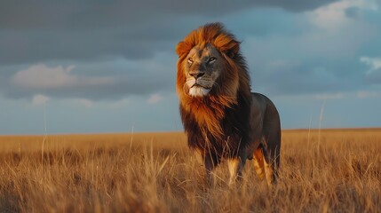 A dynamic shot capturing the full length of a lion in all its glory, with its mane flowing and eyes...