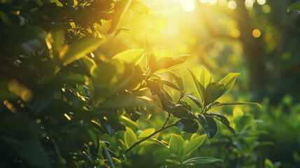 Obraz premium Sunlight piercing through lush green leaves at sunset
