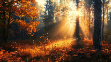 Sunlight streaming through autumn trees in a peaceful forest