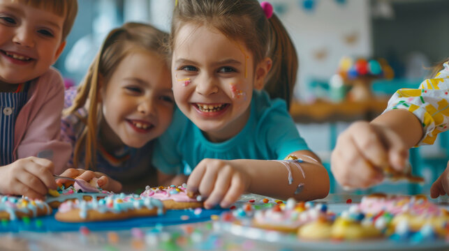 Children decorate cookies with colorful icing and sprinkles