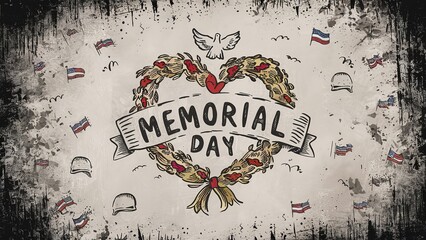Memorial Day greeting card. Hand drawn sketch of Memorial day. Vintage typography. Generative Ai.