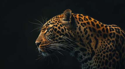 An engaging photo capturing the striking contrast of a leopard's fur against a dark black background, highlighting the beauty and grace of this magnificent predator in stunning 4K detail.