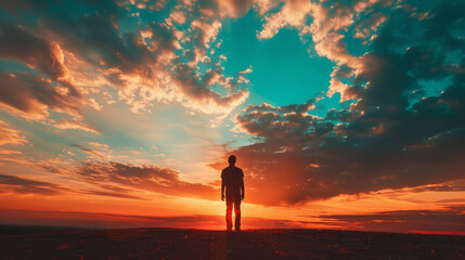 Obraz premium Silhouette of man standing against vibrant sunset sky