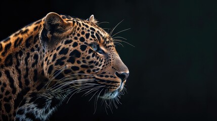 Fototapeta premium An engaging photo capturing the striking contrast of a leopard's fur against a dark black background, highlighting the beauty and grace of this magnificent predator in stunning 4K detail.