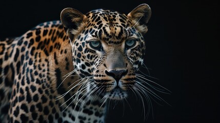 A dynamic shot capturing the intense beauty of a leopard against a sleek black background, with its striking markings and piercing eyes adding to the allure of this majestic creature in mesmerizing.