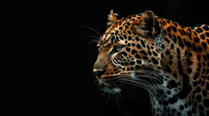 Fototapeta premium A captivating shot showcasing the majesty of a leopard against a rich black background, with its sleek form and intense stare adding depth and intrigue to this stunning 4K wallpaper.