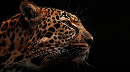An atmospheric photo capturing the fierce beauty of a leopard against a dark black background.